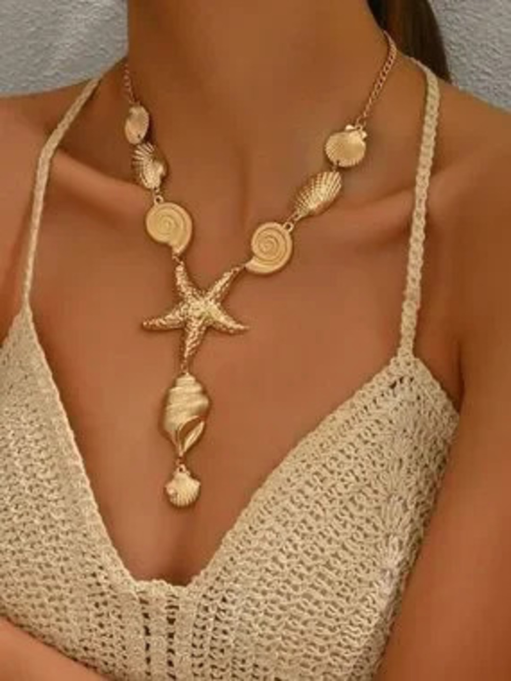 Golden Shell & Starfish Pendant Necklace